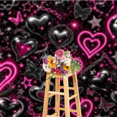 Aperturee - Aperturee Black and Pink Neon Y2K Glowing Heart Chain Holiday Backdrop Edgy Sparkling Butterfly Celebration Party Decor