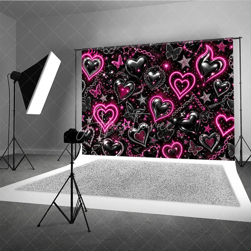 Aperturee - Aperturee Black and Pink Neon Y2K Glowing Heart Chain Holiday Backdrop Edgy Sparkling Butterfly Celebration Party Decor