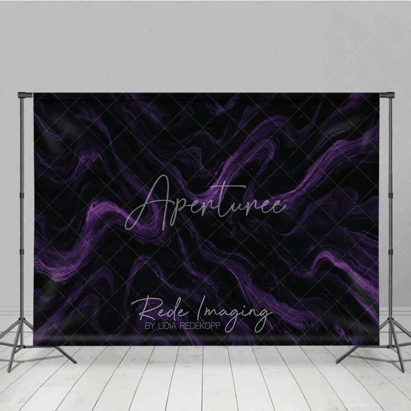 Aperturee - Aperturee Black and Purple Abstract Swirling Photography Backdrop Elegant Marble Texture for Dramatic Portrait Photo Shoots