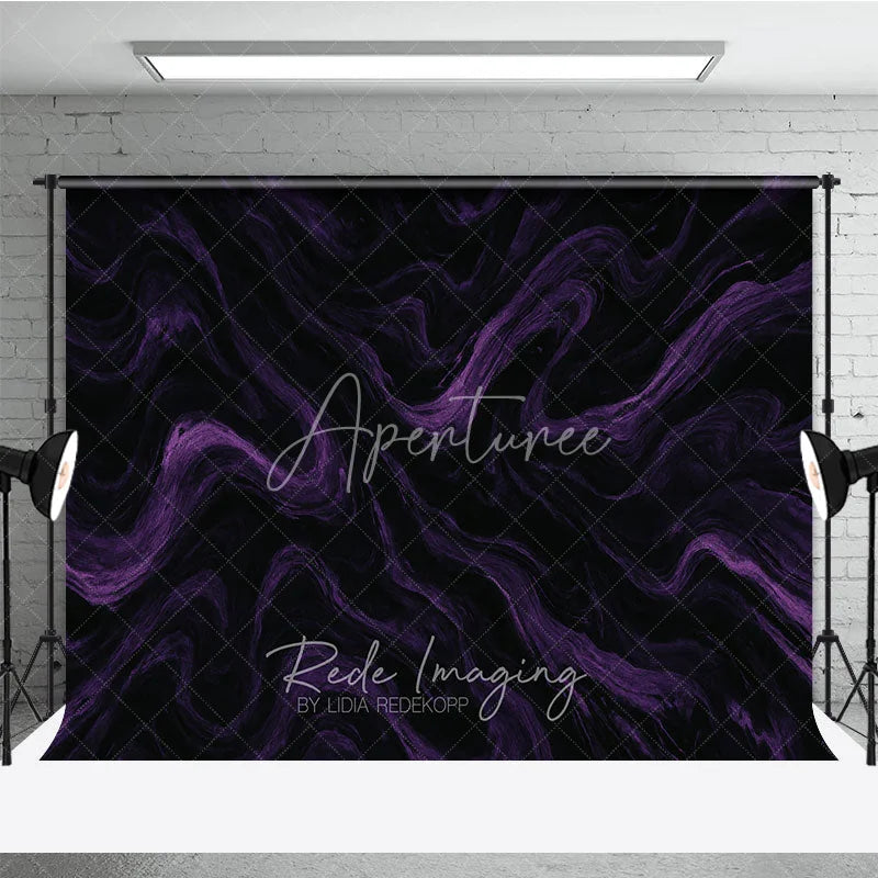 Aperturee - Aperturee Black and Purple Abstract Swirling Photography Backdrop Elegant Marble Texture for Dramatic Portrait Photo Shoots
