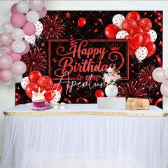 Aperturee - Aperturee Black and Red Glitter Happy Birthday to you Backdrop with Balloons Stars and Ribbons for Festive Party Decor.