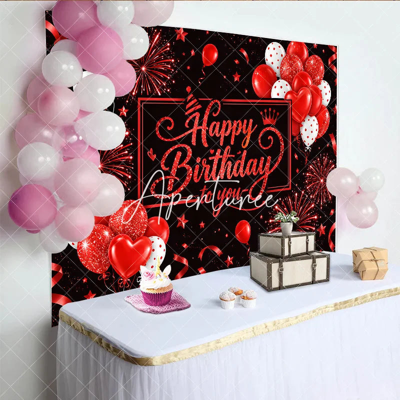 Aperturee - Aperturee Black and Red Glitter Happy Birthday to you Backdrop with Balloons Stars and Ribbons for Festive Party Decor.