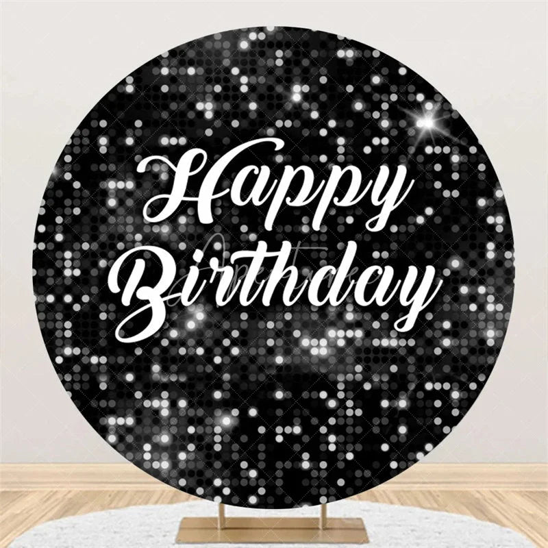 Aperturee - Aperturee Black and Silver Glitter Sequins Round Backdrop Happy Birthday Party Decoration Shimmering Bokeh Circle Cover