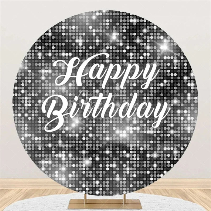 Aperturee - Aperturee Black and Silver Glitter Sequins Round Backdrop Happy Birthday Party Decoration Shimmering Bokeh Circle Cover