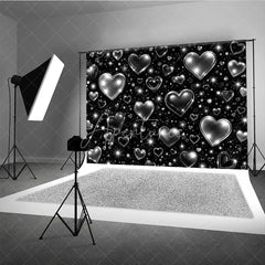 Aperturee - Aperturee Black and Silver Y2K Glitter Heart Holiday Backdrop with Sparkling Stars Elegant Celebration Party Decor