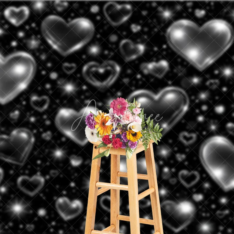 Aperturee - Aperturee Black and Silver Y2K Glitter Heart Holiday Backdrop with Sparkling Stars Elegant Celebration Party Decor