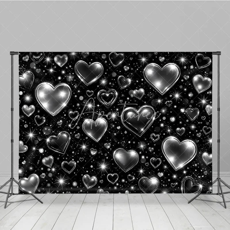 Aperturee - Aperturee Black and Silver Y2K Glitter Heart Holiday Backdrop with Sparkling Stars Elegant Celebration Party Decor