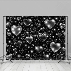 Aperturee - Aperturee Black and Silver Y2K Glitter Heart Holiday Backdrop with Sparkling Stars Elegant Celebration Party Decor