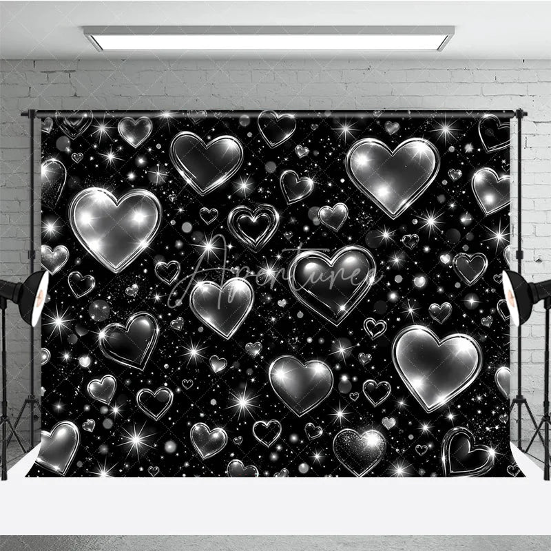 Aperturee - Aperturee Black and Silver Y2K Glitter Heart Holiday Backdrop with Sparkling Stars Elegant Celebration Party Decor