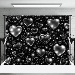 Aperturee - Aperturee Black and Silver Y2K Glitter Heart Holiday Backdrop with Sparkling Stars Elegant Celebration Party Decor
