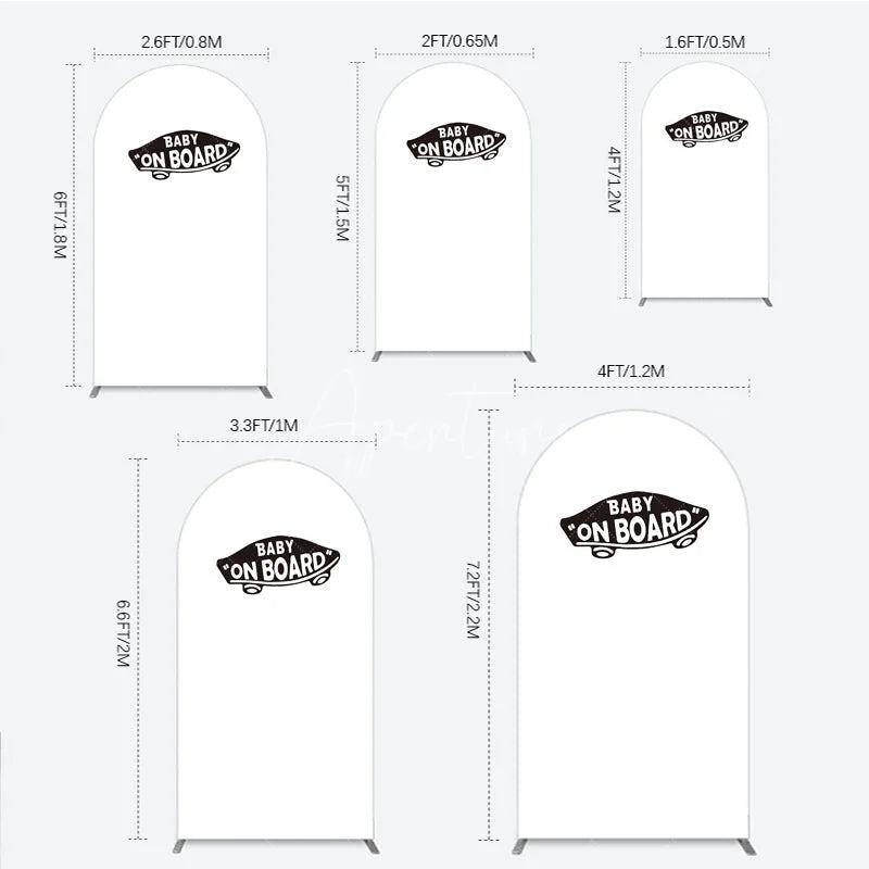 Aperturee - Aperturee Black and White Baby On Board Car Shape Round Top Arch Backdrop for Baby Shower and New Baby Celebration Decor