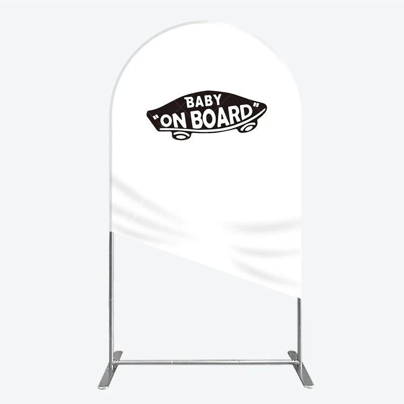 Aperturee - Aperturee Black and White Baby On Board Car Shape Round Top Arch Backdrop for Baby Shower and New Baby Celebration Decor