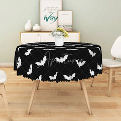 Aperturee - Aperturee Black and White Bat Pattern Halloween Round Tablecloth for Gothic and Minimalist Spooky Decor