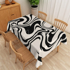 Aperturee - Aperturee Black and White Bold Marble Rectangle Tablecloth Abstract Wave Pattern Modern Table Cover Decor