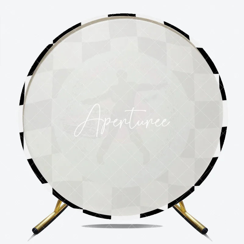 Aperturee - Aperturee Black and White Checkered 1950s Rock and Roll Happy 5th Birthday Round Backdrop Retro Car and Milkshake Party Decor