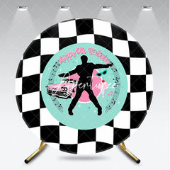 Aperturee - Aperturee Black and White Checkered 1950s Rock and Roll Happy 5th Birthday Round Backdrop Retro Car and Milkshake Party Decor