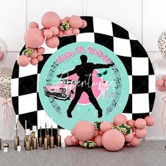 Aperturee - Aperturee Black and White Checkered 1950s Rock and Roll Happy 5th Birthday Round Backdrop Retro Car and Milkshake Party Decor