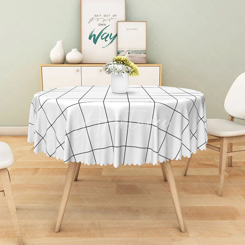 Aperturee - Aperturee Black and White Checkered Grid Round Tablecloth for Modern Farmhouse and Racing Themed Party Decor
