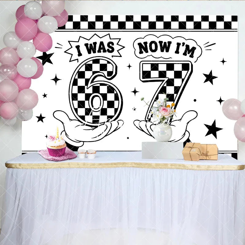 Aperturee - Aperturee Black and White Checkered Now 7th Birthday Backdrop Retro Cartoon Style Party Decoration