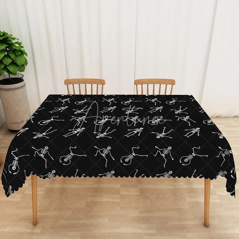 Aperturee - Aperturee Black and White Dancing Skeleton Rectangle Tablecloth for Funny and Spooky Halloween Party Decor