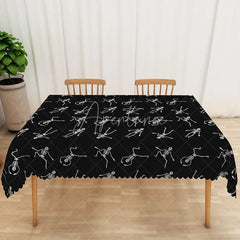 Aperturee - Aperturee Black and White Dancing Skeleton Rectangle Tablecloth for Funny and Spooky Halloween Party Decor