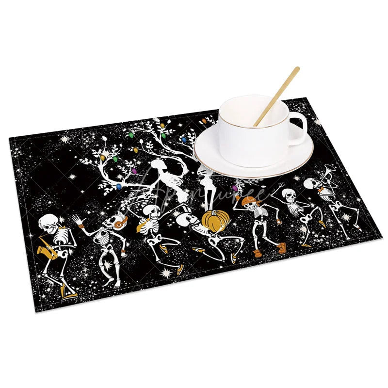 Aperturee - Aperturee Black and White Dancing Skeletons Halloween Set of 4 Placemats for Funny and Spooky Party Decorations