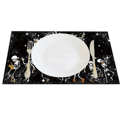 Aperturee - Aperturee Black and White Dancing Skeletons Halloween Set of 4 Placemats for Funny and Spooky Party Decorations