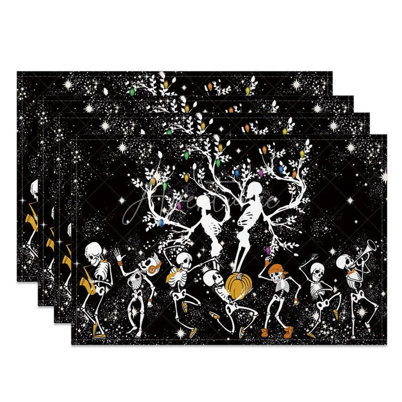 Aperturee - Aperturee Black and White Dancing Skeletons Halloween Set of 4 Placemats for Funny and Spooky Party Decorations