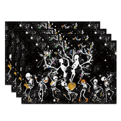 Aperturee - Aperturee Black and White Dancing Skeletons Halloween Set of 4 Placemats for Funny and Spooky Party Decorations