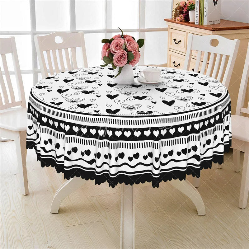 Aperturee - Aperturee Black and White Doodle Heart Round Tablecloth Sketch Wing Love Pattern Table Cover for Dining