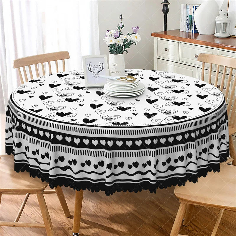 Aperturee - Aperturee Black and White Doodle Heart Round Tablecloth Sketch Wing Love Pattern Table Cover for Dining