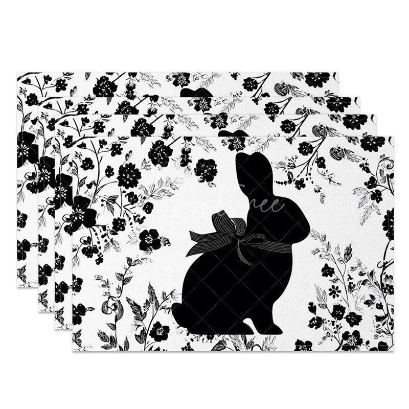 Aperturee - Aperturee Black and White Easter Bunny Set of 4 Placemats Floral Silhouette Rabbit Table Mats for Spring
