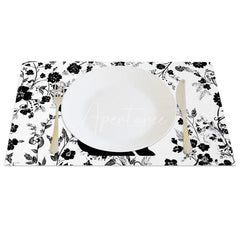 Aperturee - Aperturee Black and White Easter Bunny Set of 4 Placemats Floral Silhouette Rabbit Table Mats for Spring