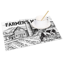 Aperturee - Aperturee Black and White Farm Scene Style Set of 4 Placemats for Rustic Country and Modern Farmhouse Kitchen Decor