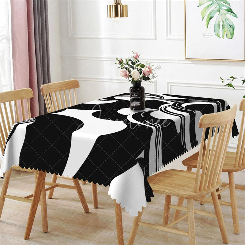 Aperturee - Aperturee Black and White Geometric Crescent Rectangle Tablecloth Abstract Curved Shape Modern Table Cover