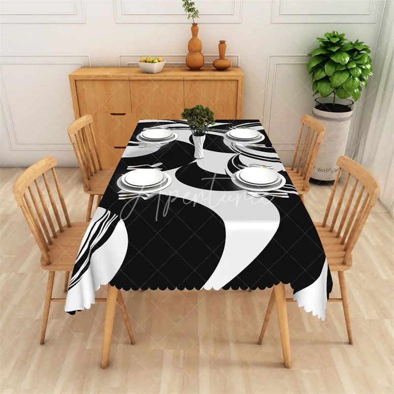 Aperturee - Aperturee Black and White Geometric Crescent Rectangle Tablecloth Abstract Curved Shape Modern Table Cover