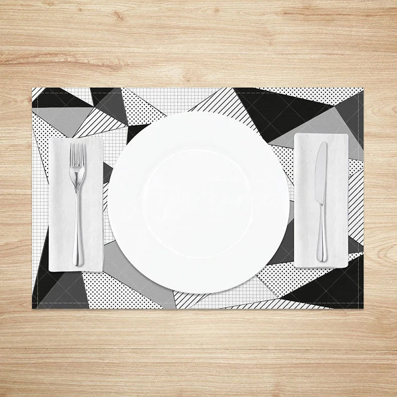 Aperturee - Aperturee Black and White Geometric Pattern Set of 4 Placemats for Modern Minimalist Kitchen and Dining Room Decor