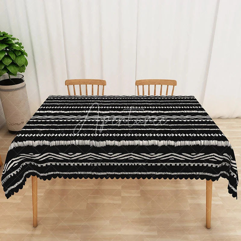 Aperturee - Aperturee Black and White Geometric Rectangle Tablecloth for Modern Minimalist and Contemporary Dining Decor