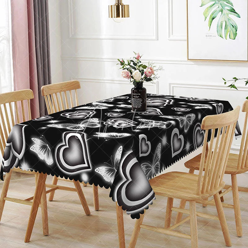 Aperturee - Aperturee Black and White Glowing Heart Butterfly Rectangle Tablecloth High Contrast Neon Pattern Modern Valentine Decor