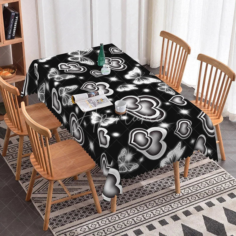 Aperturee - Aperturee Black and White Glowing Heart Butterfly Rectangle Tablecloth High Contrast Neon Pattern Modern Valentine Decor