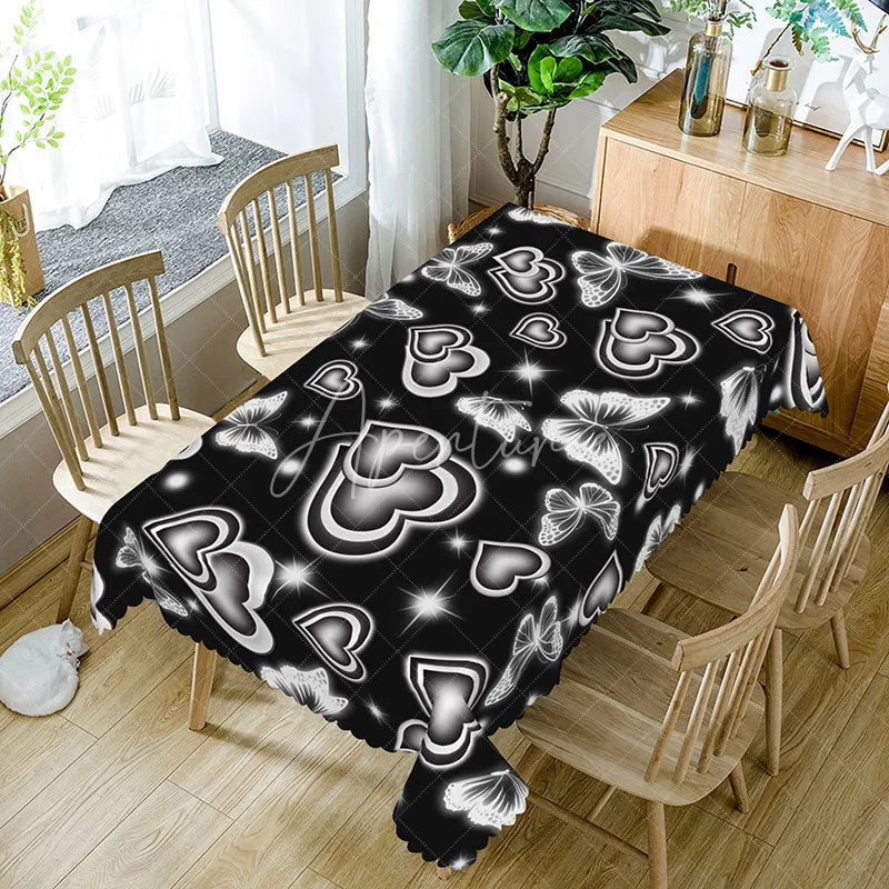 Aperturee - Aperturee Black and White Glowing Heart Butterfly Rectangle Tablecloth High Contrast Neon Pattern Modern Valentine Decor