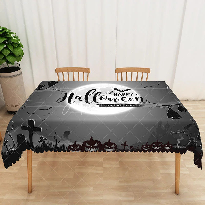 Aperturee - Aperturee Black and White Halloween Rectangle Tablecloth with Bats and Moon for Gothic and Spooky Party Decor