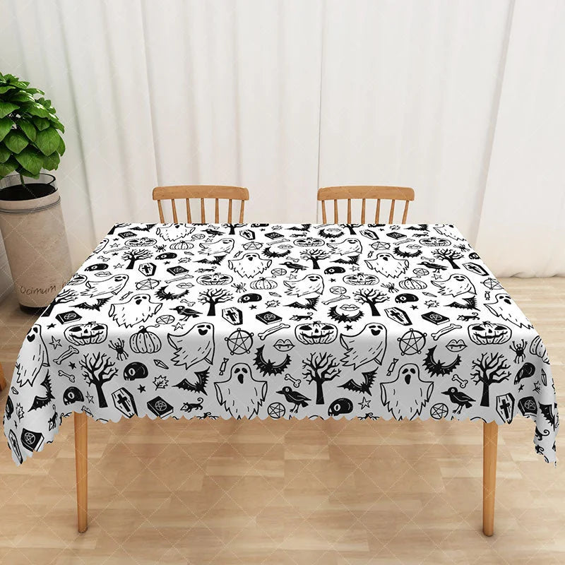 Aperturee - Aperturee Black and White Halloween Rectangle Tablecloth with Ghosts and Bats for Modern Spooky Gothic Decor