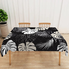 Aperturee - Aperturee Black and White Hawaiian Plants Rectangle Tablecloth for Modern Tropical and Minimalist Dining Decor