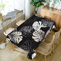 Aperturee - Aperturee Black and White Hawaiian Plants Rectangle Tablecloth for Modern Tropical and Minimalist Dining Decor