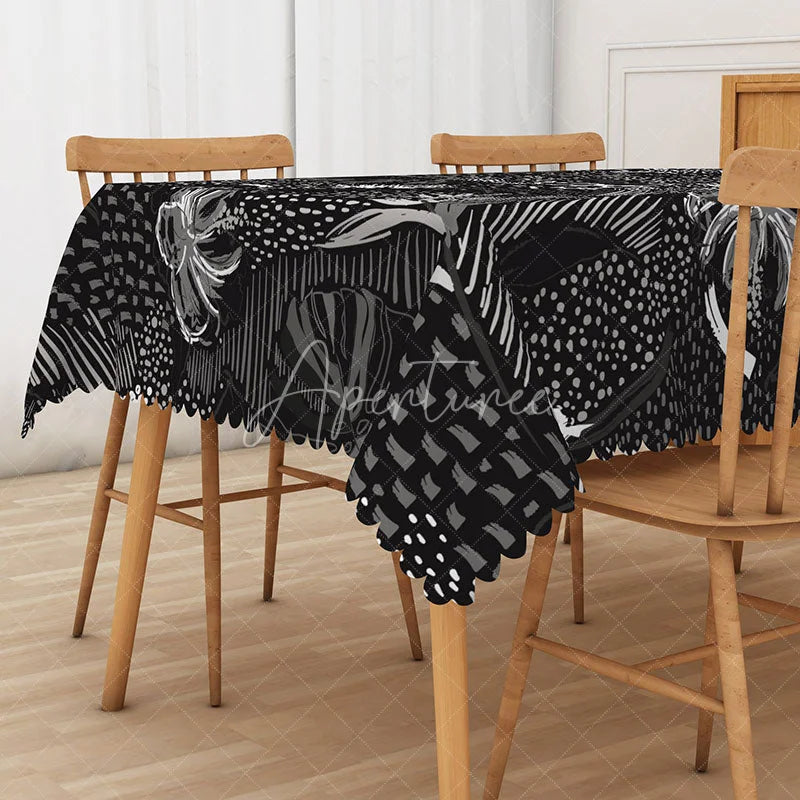 Aperturee - Aperturee Black and White Hawaiian Rectangle Tablecloth Tropical Plants at Night for Modern and Moody Decor