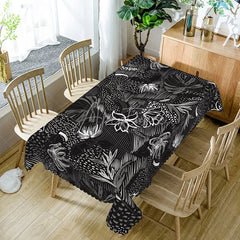 Aperturee - Aperturee Black and White Hawaiian Rectangle Tablecloth Tropical Plants at Night for Modern and Moody Decor