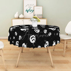 Aperturee - Aperturee Black and White Jack-o’-Lantern Halloween Round Tablecloth for Modern and Spooky Gothic Decor