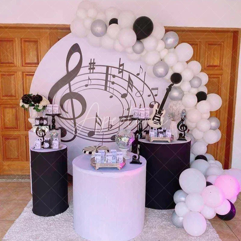 Aperturee - Aperturee Black and White Music Notes Round Backdrop Elegant Treble Clef Birthday Musician or Choir Party Photo Prop