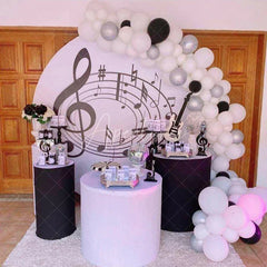 Aperturee - Aperturee Black and White Music Notes Round Backdrop Elegant Treble Clef Birthday Musician or Choir Party Photo Prop